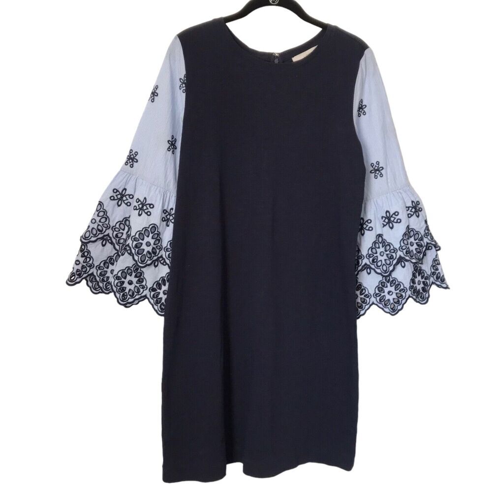Loft Dress Womens Size S Navy Blue Embroidered Eyelet 3/4 Bell Sleeve Shift Boho